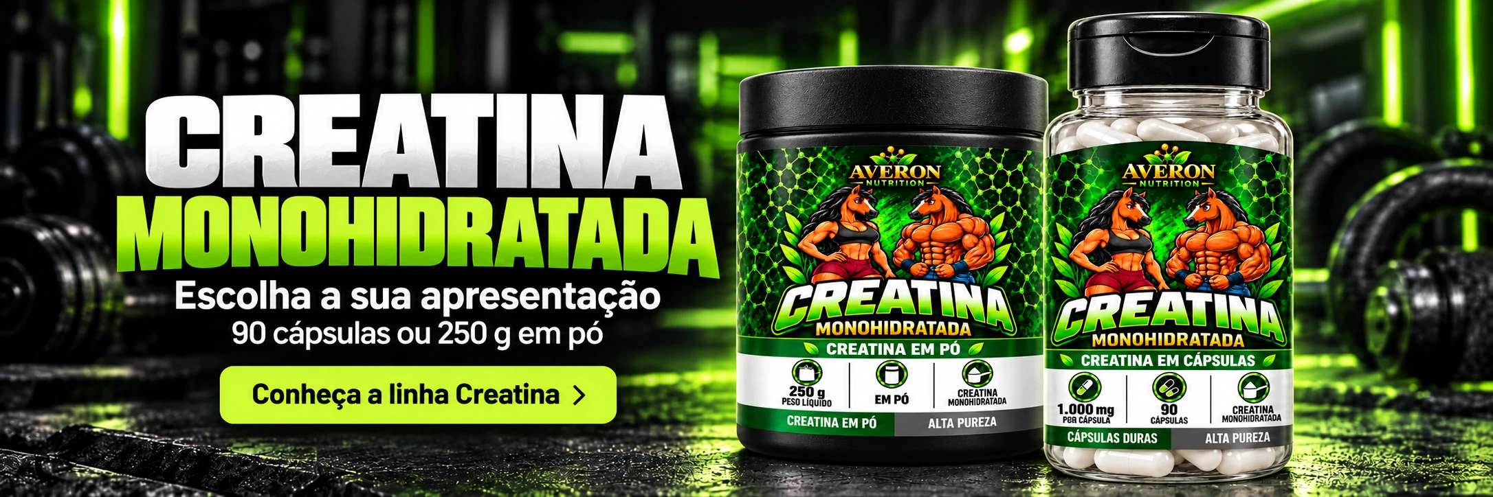 Creatina monohidratada. Escolha a sua apresentação. 90 cápsulas ou 250 g em pó. Conheça a linha Creatina.